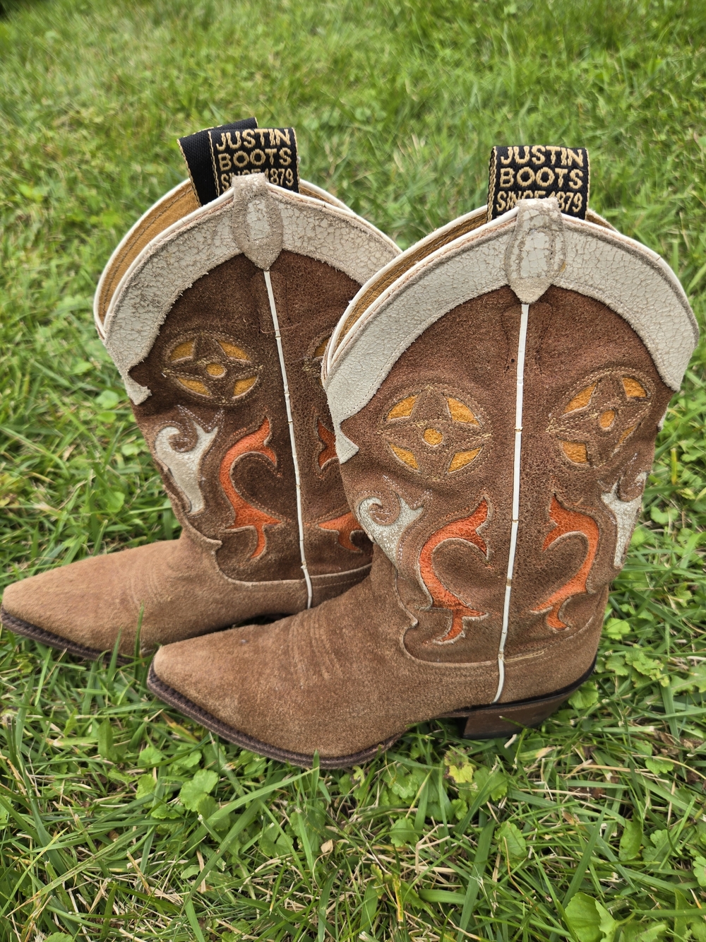 Justin Boots Women's 6.5B Brown Suede Western Cowboy Boots Orange Inlay USA